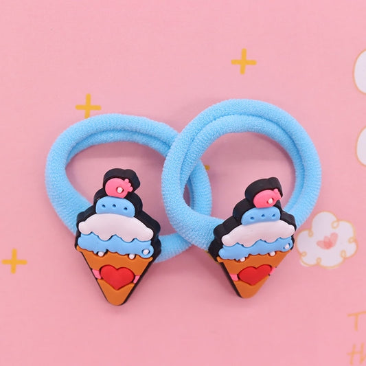 2Pcs Ice Cream With Heart Kids Rubber Bands Ponytail Holder Headband Hair Rope