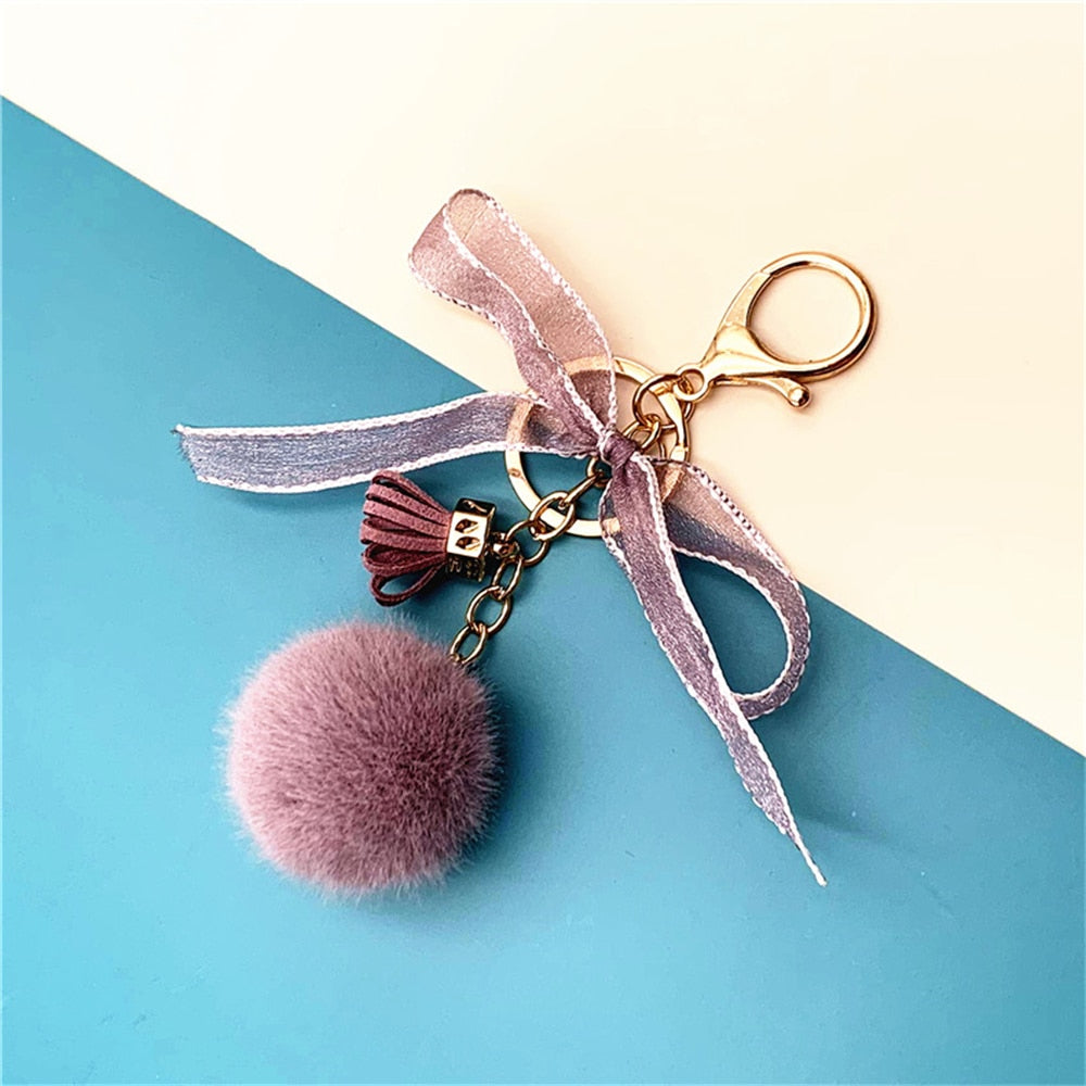 10 Styles Cute Lace Bow Keychain With Fur Ball Womens Bag Plush Pendant Fower