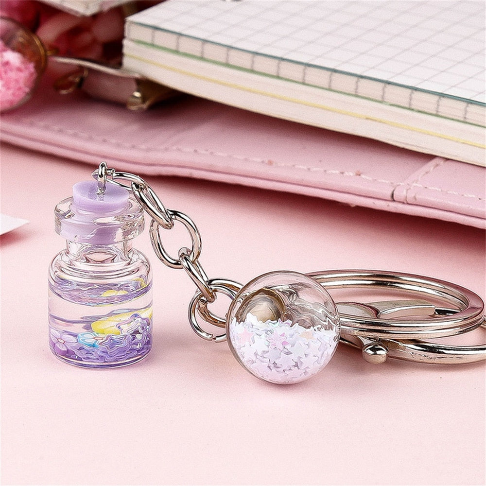 7 Styles Bottle With Glitter Flower Decor Keychain Gift Cute Charms Keyring