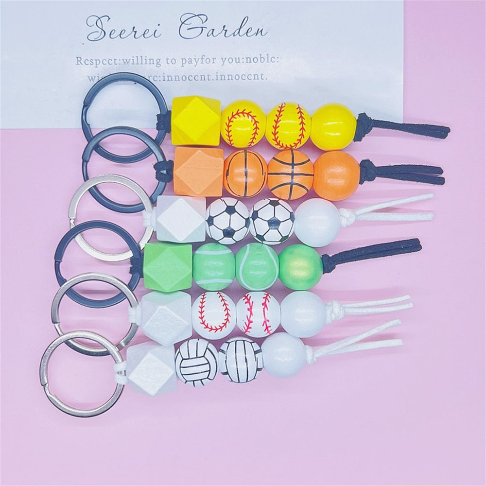 6 Styles PVC Beaded Keychain Basketball Soccer Tennis Keyring For Women Men Bag