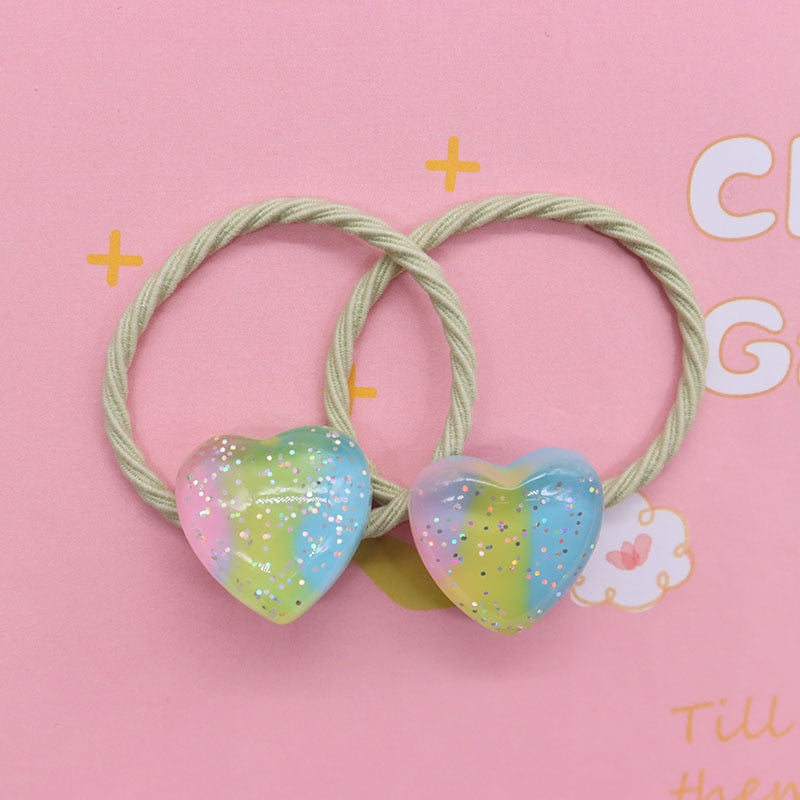 2Pcs/Set Glittering Love Resin Children's Rubber Bands Sweet Hair Accessories