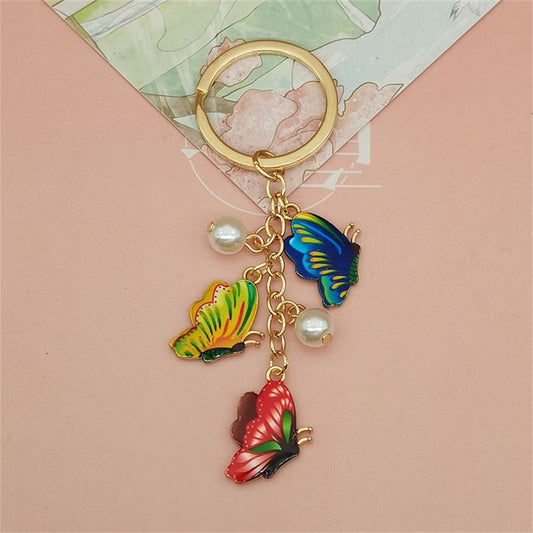 Simulation Blue Yellow Red Butterfly Pearl Key Chain Painted Butterfly Pendant