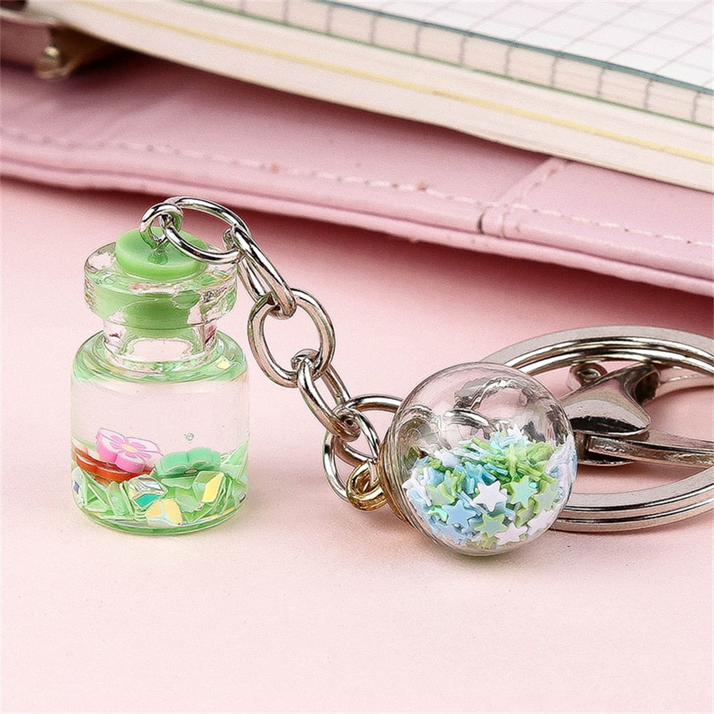 Green Bottle Flower Glitter Keychain Gift Cute Charms Keyring Souvenir Handbag