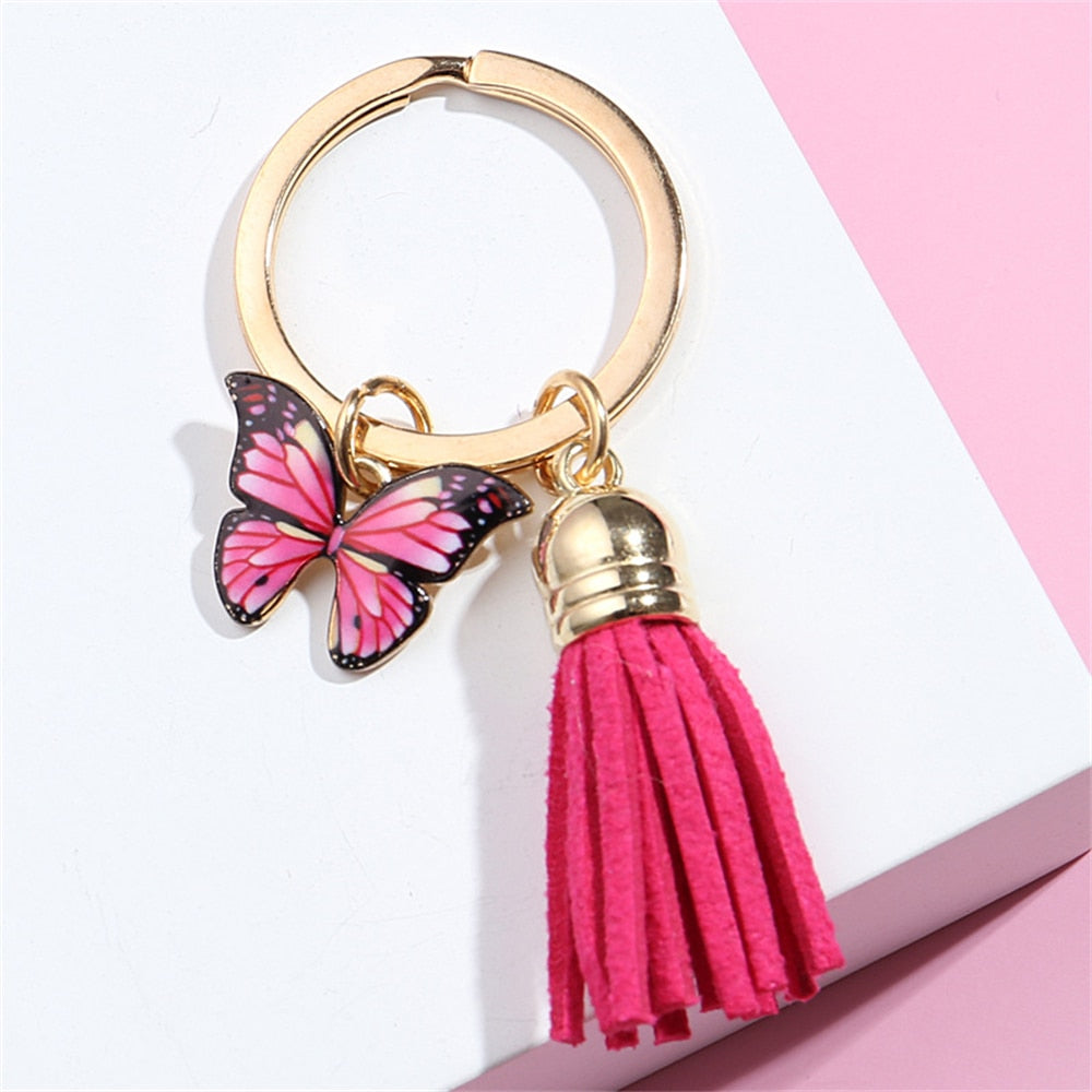 6 Styles Dripping Oil Butterfly Charms Keychain Tassel Girl Fashion Key Rings
