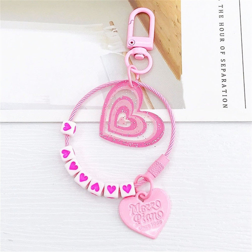5 Colors Heart Pendant Beads Acrylic Keychains Cute Love Keyrings Women Bag