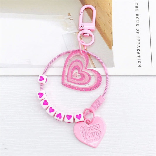 Pink Heart Beads Pendant Acrylic Keychains Cute Love Keyrings Women Bag