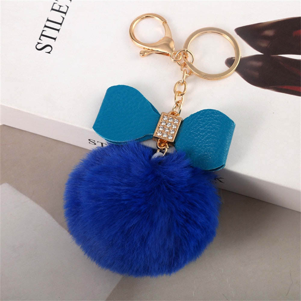 Blue Pompom Pendant Keychain Cute PU Bow Tie Keyring Plush Women Bags Ornaments