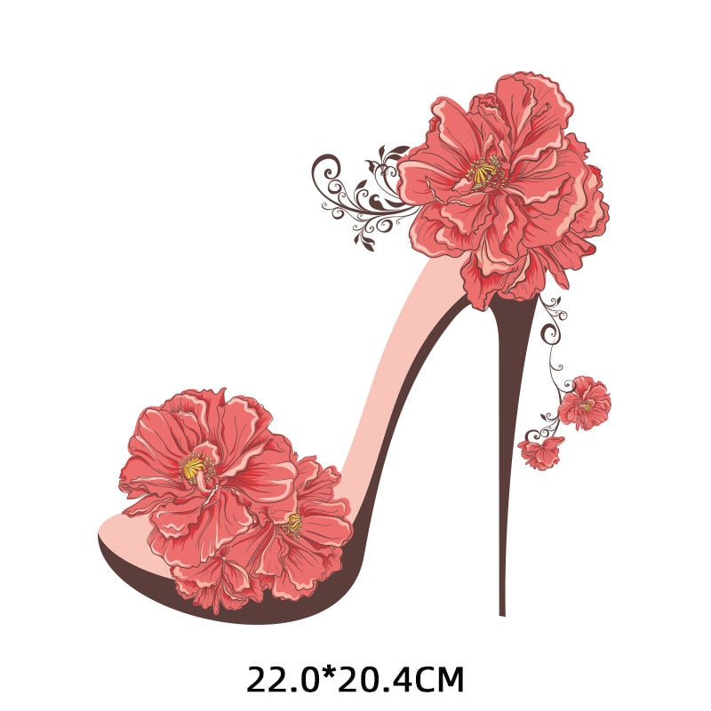 Red Pink Heels Flower Iron on Sticker Girl Clothes Cartoon Patches Stickers