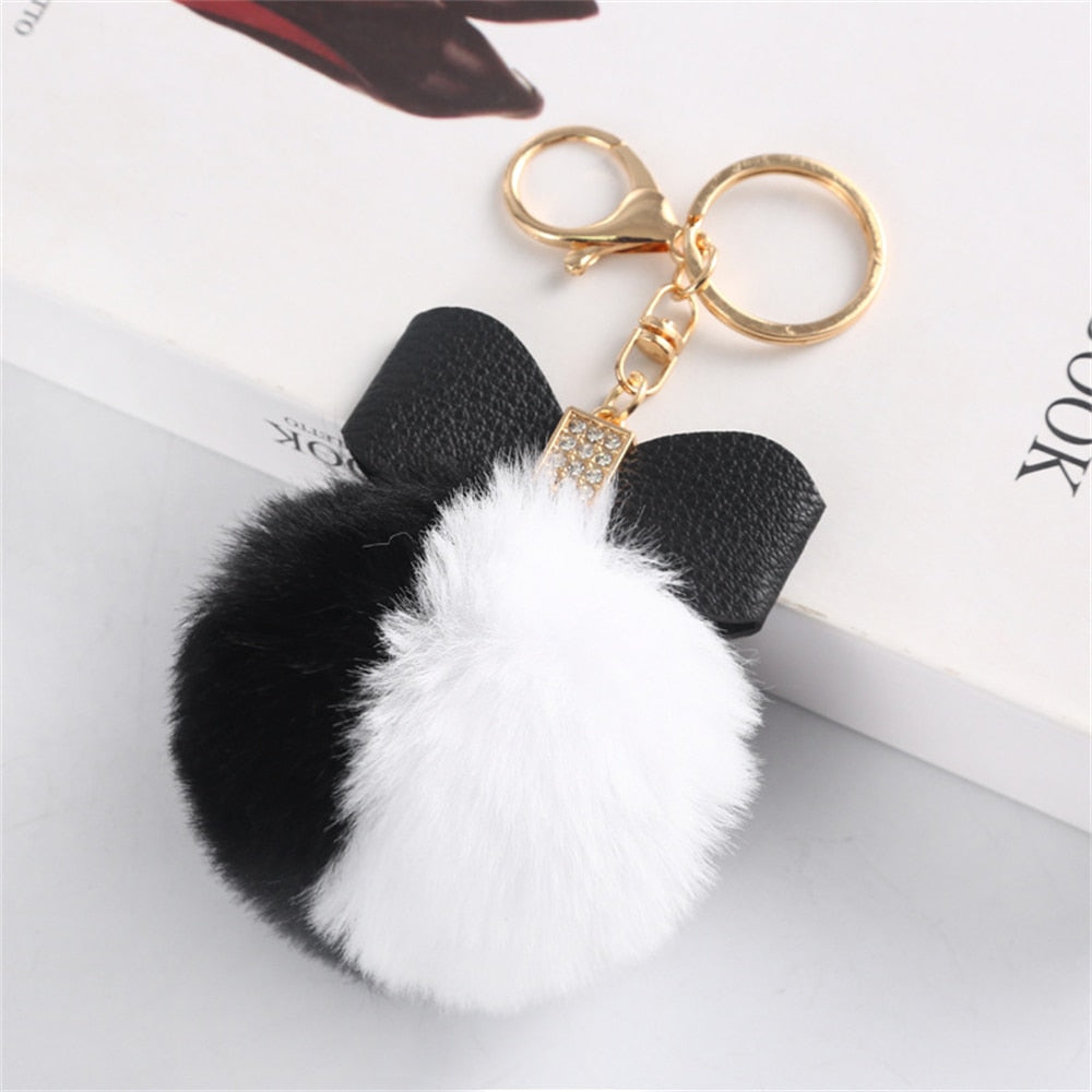 Black And White Pompom Pendant Keychain Cute PU Bow Tie Keyring Plush Women Bags