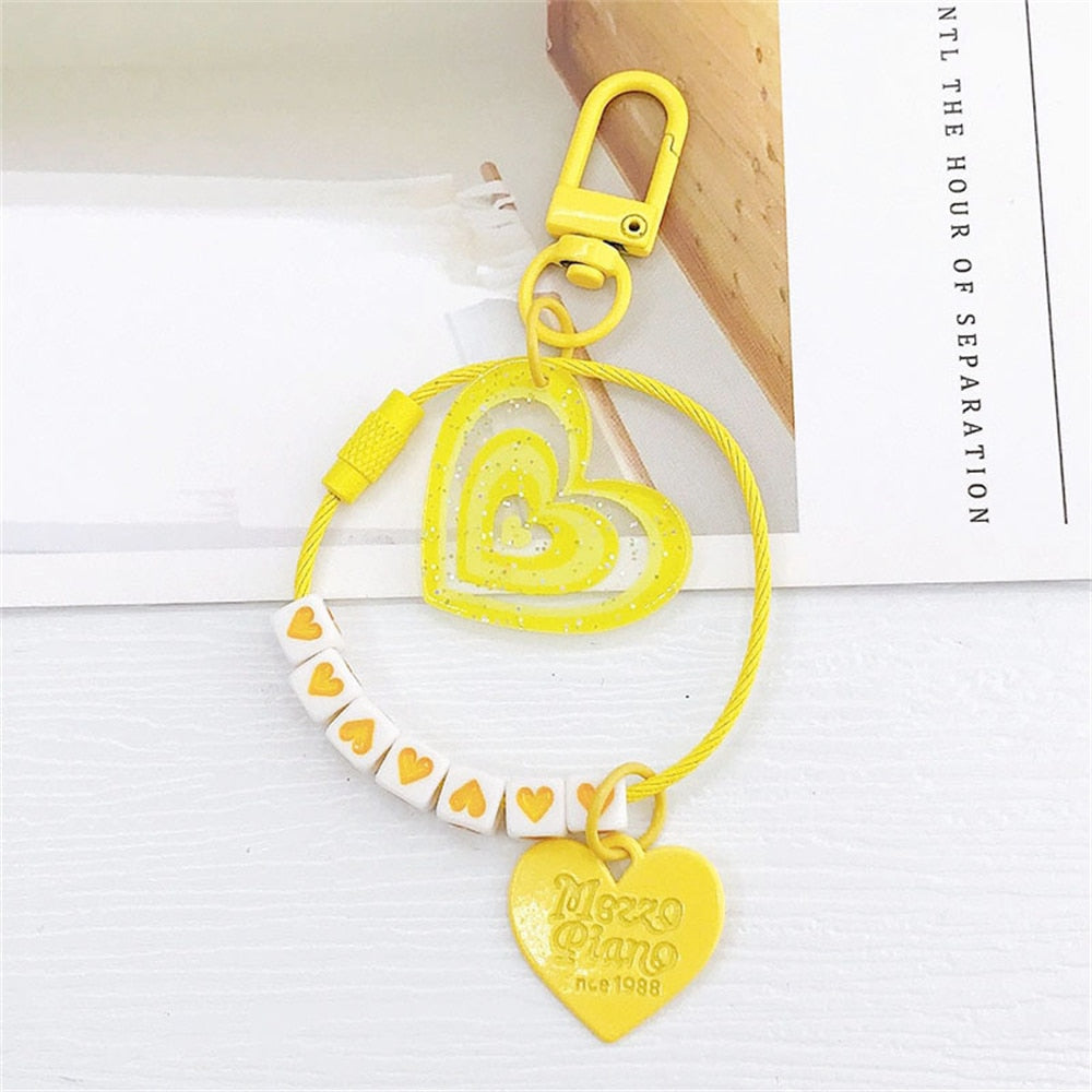 Yellow Heart Beads Pendant Acrylic Keychains Cute Love Keyrings Women Bag