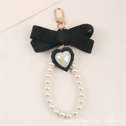 Black Fabric Bow Keychain With Pearl Resin Heart Key Ring Charms For Women Bag