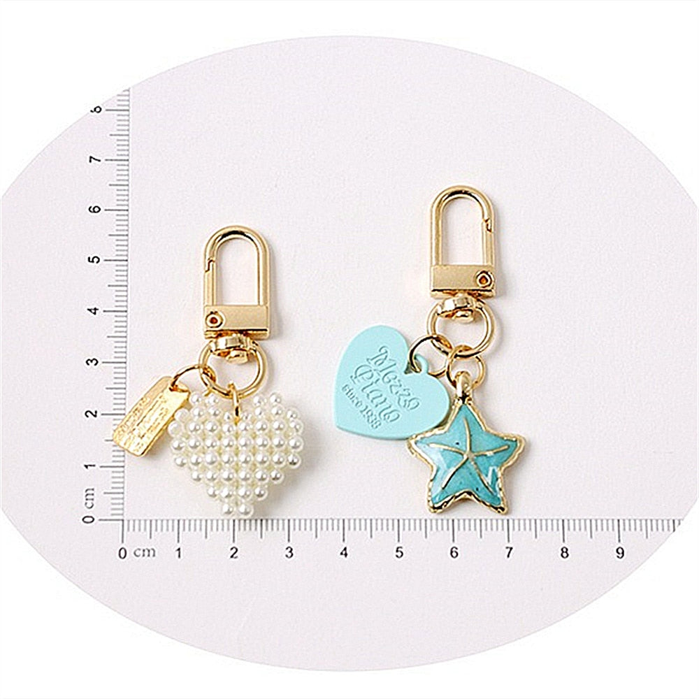 Blue Sea Star Keychain Charms Headphone Case Pendant Women Bag Pearl Ornaments