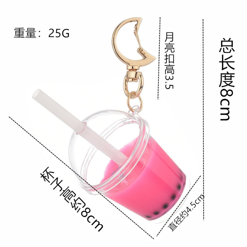 Pink Milk Bubble Tea Keychains Simulation Milk Tea Cup Pendant With Moon