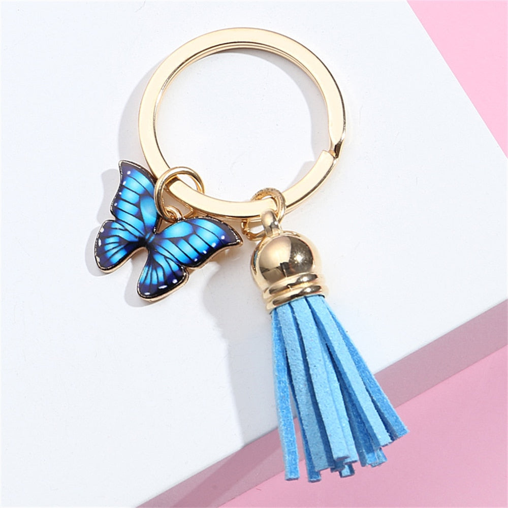 6 Styles Dripping Oil Butterfly Charms Keychain Tassel Girl Fashion Key Rings