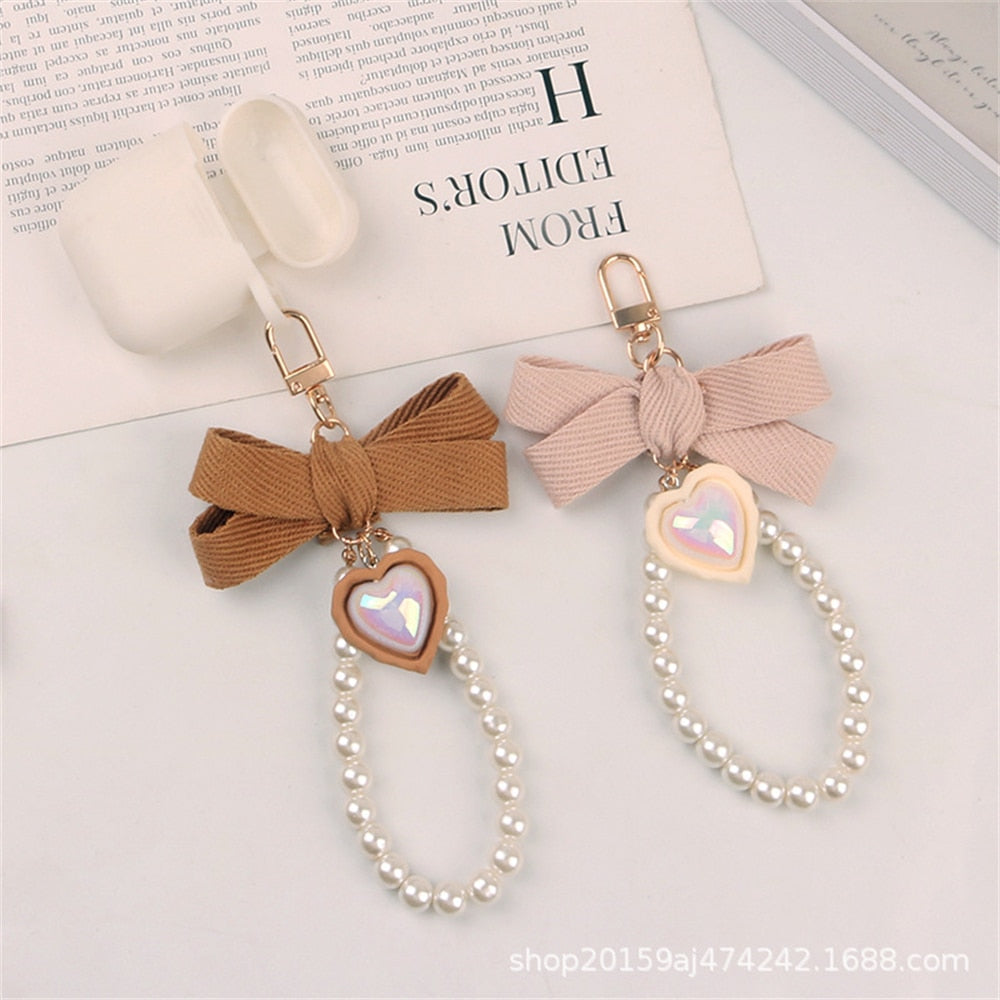 4 Styles Fabric Bow Keychain With Pearl Resin Heart Key Ring Charms For Women