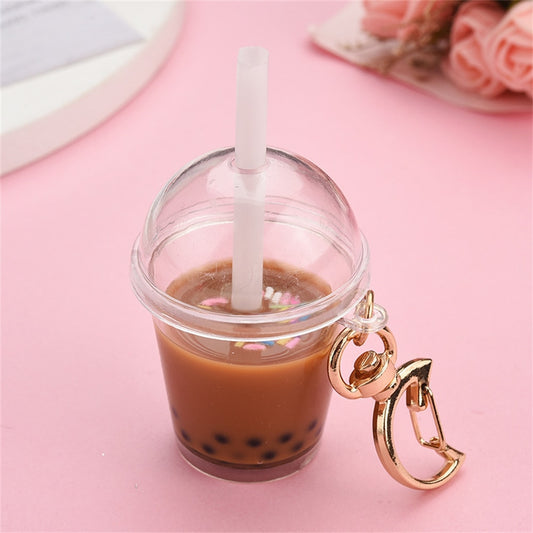 Thai Milk Bubble Tea Keychains Simulation Milk Tea Cup Pendant With Moon