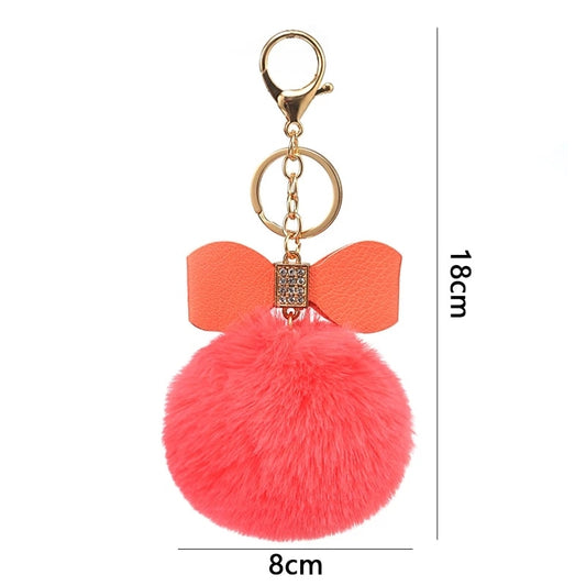 Coral Orange Pompom Pendant Keychain Cute PU Bow Tie Keyring Plush Women Bags