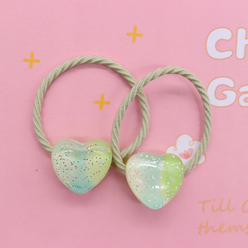 2Pcs/Set Glittering Love Resin Children's Rubber Bands Sweet Hair Accessories