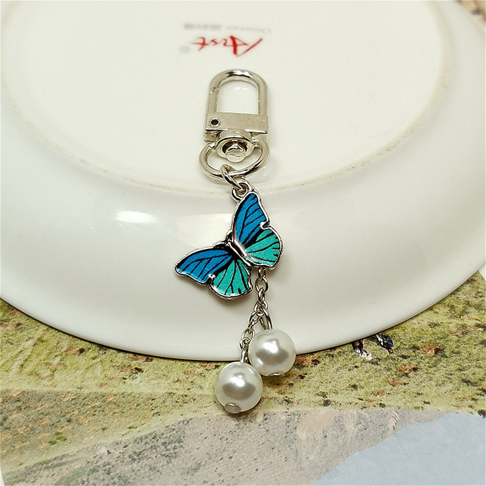 Blue Enamel Butterfly Pearl Keychain Color Dripping Butterfly Insects Color