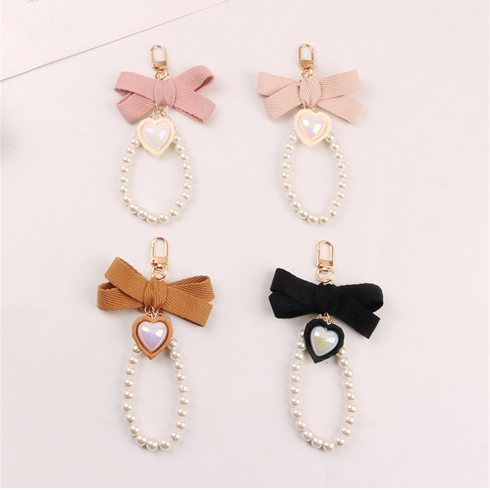 4 Styles Fabric Bow Keychain With Pearl Resin Heart Key Ring Charms For Women