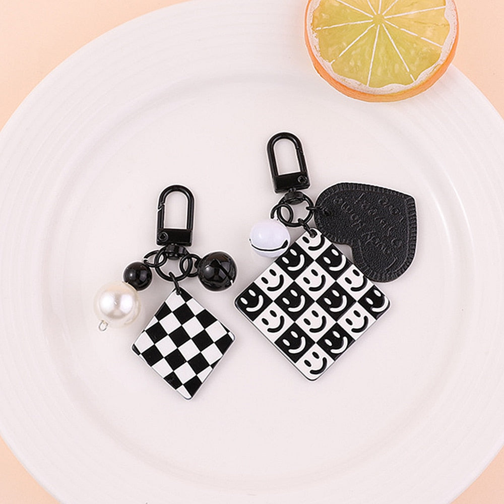 6 Styles Creative Acrylic Keychain Black White Plaid Keyring With Pearl Small