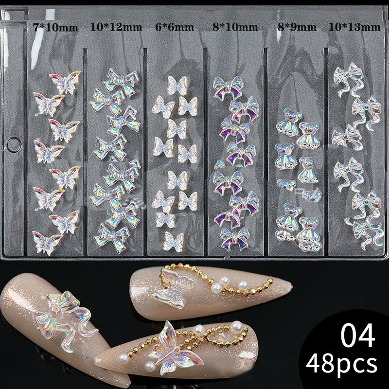 24 Styles 3D Aurora Bear Butterfly Nail Art Accessories Resin Flat Back White