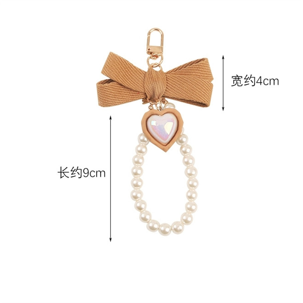 Brown Fabric Bow Keychain With Pearl Resin Heart Key Ring Charms For Women Bag