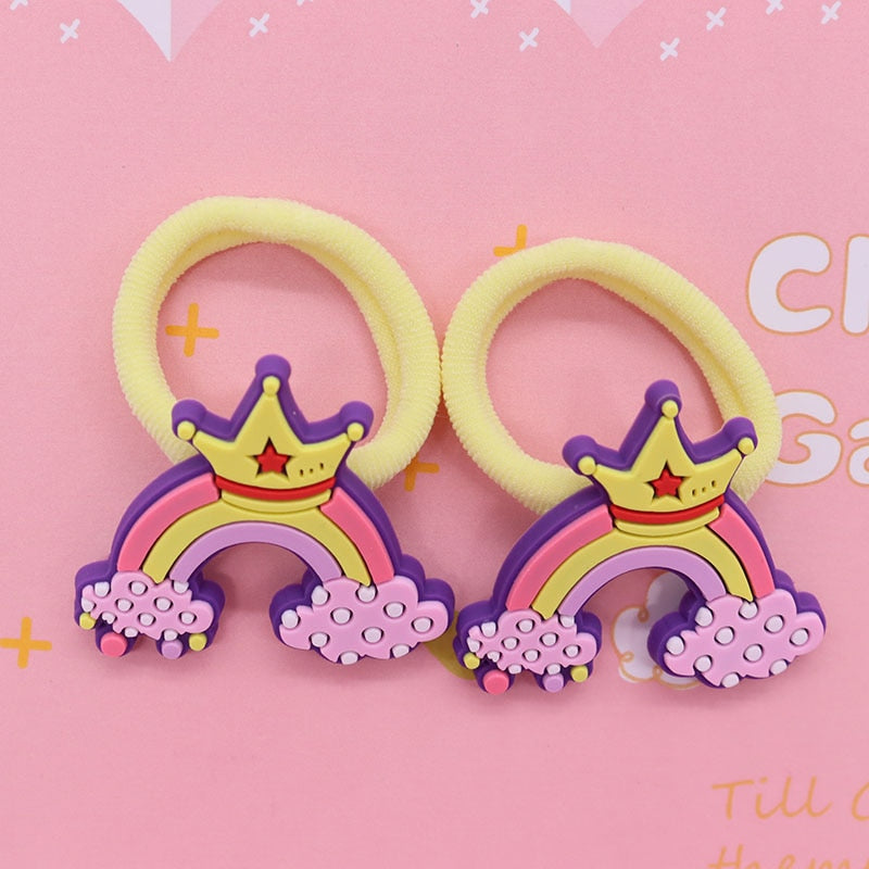 2Pcs Pink Rainbow With Crown Kids Rubber Bands Ponytail Holder Headband Hair