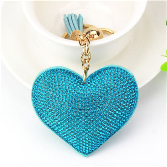 Blue Heart Full Rhinestone Keychain PU Leather Tassel Keyring for Women Car Key
