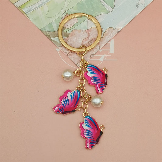 Hot Pink Simulation Butterfly Pearl Key Chain Painted Butterfly Pendant Keyring