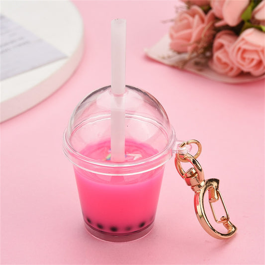 Pink Milk Bubble Tea Keychains Simulation Milk Tea Cup Pendant With Moon