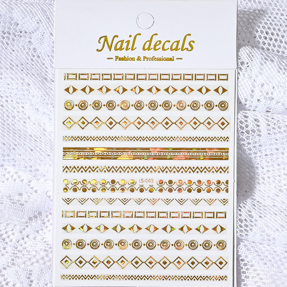 Holographic Gold Nails Stickers Adhesive DIY Nail Art Decals Nail Accessories