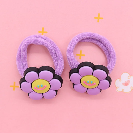 2Pcs Purple Smily Flower Kids Rubber Bands Ponytail Holder Headband Hair Rope