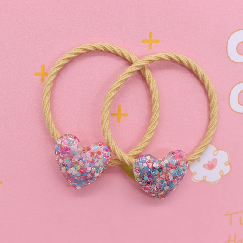 2Pcs/Set Glittering Love Resin Children's Rubber Bands Sweet Hair Accessories