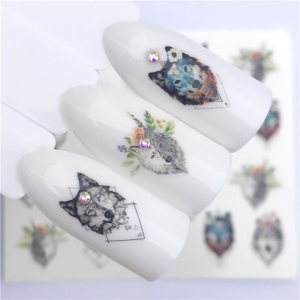 Creative Wolf with Flowers Nail Sticker Summer Nail Design Decorations Nails