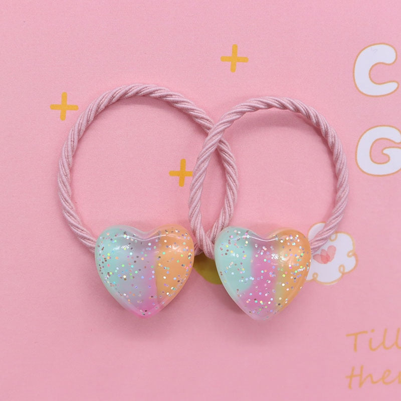 2Pcs/Set Glittering Love Resin Children's Rubber Bands Sweet Hair Accessories