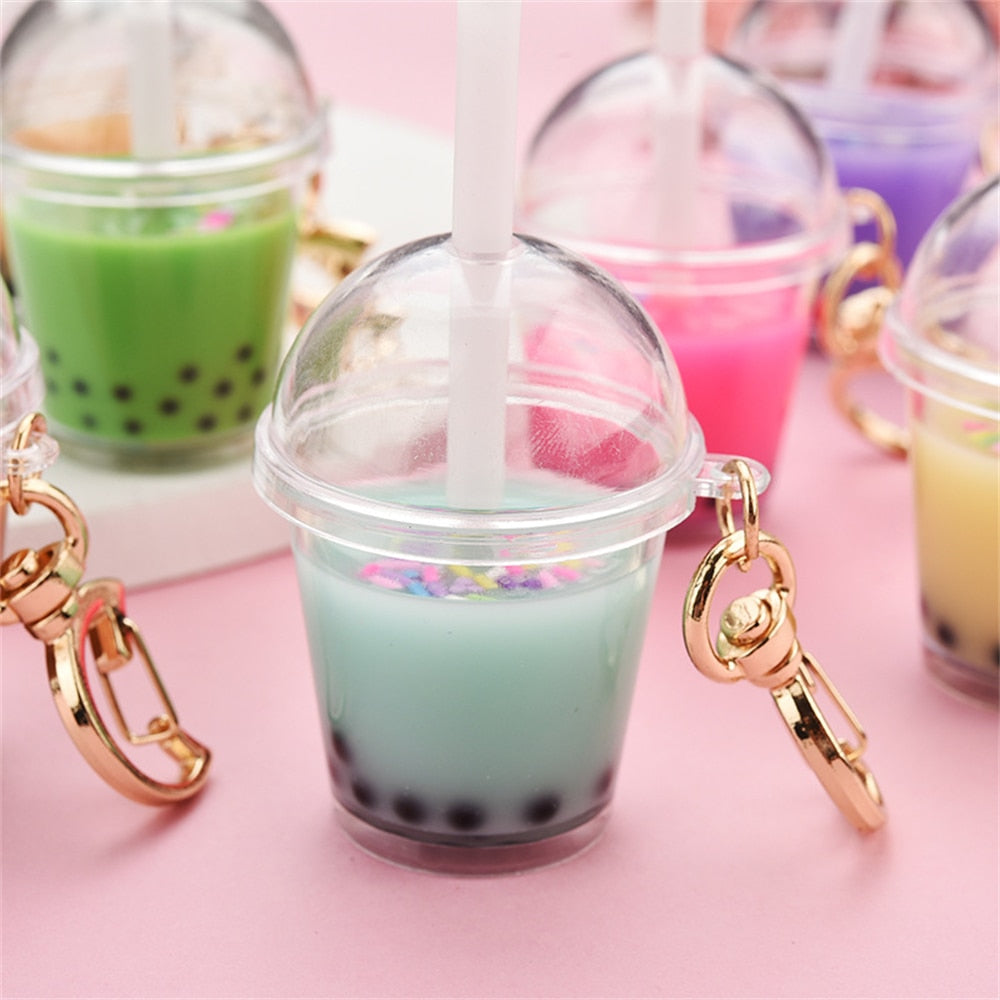 8 Styles Milk Bubble Tea Keychains Simulation Milk Tea Cup Pendant With Moon