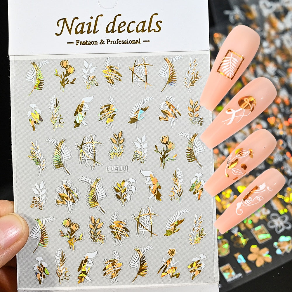 Gold and White Plants and Flowers Nails Stickers Adhesive DIY Nail Art Decals