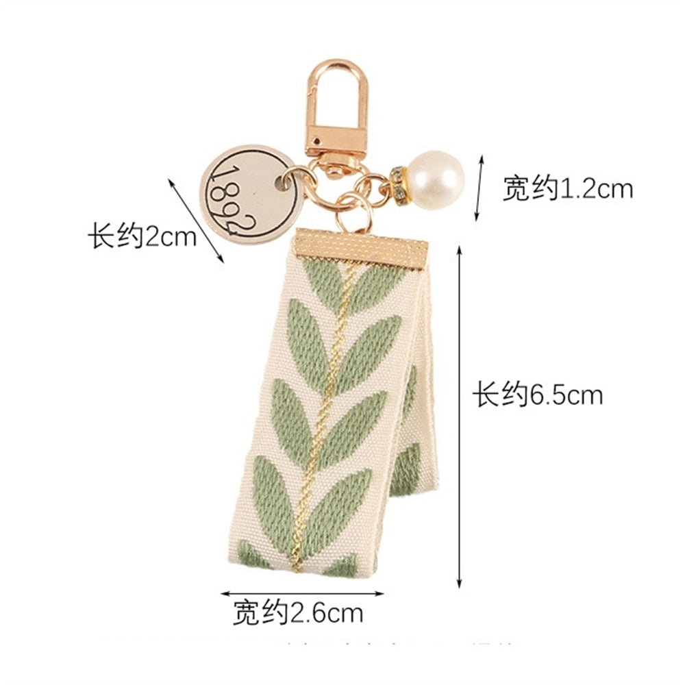4 Styles Fresh Leaf Stripe Key Ring  Embroidery Alloy Pearl Pendant Heart Charm