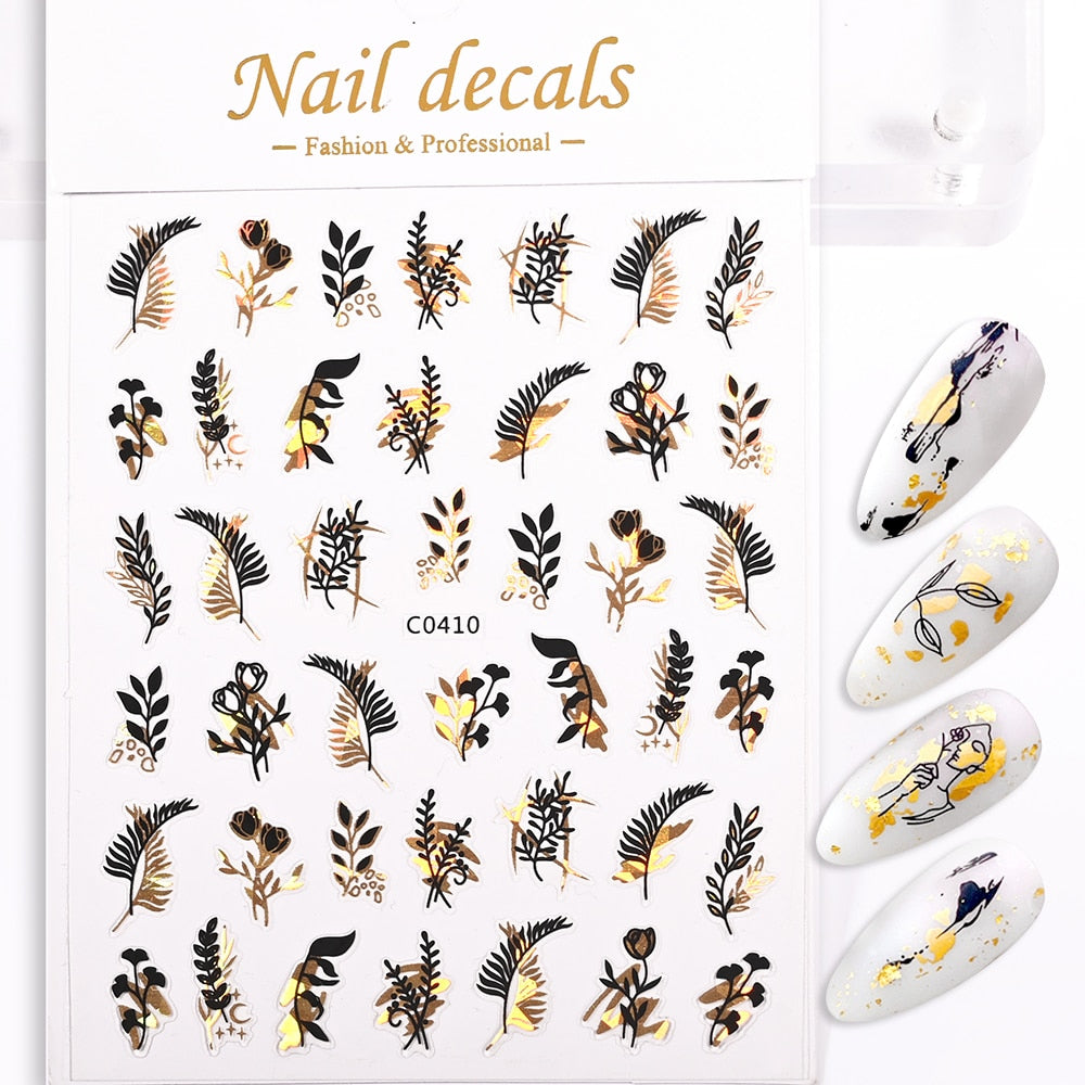 Gold and Black Plants Nails Stickers Adhesive DIY Nail Art Decals Nail