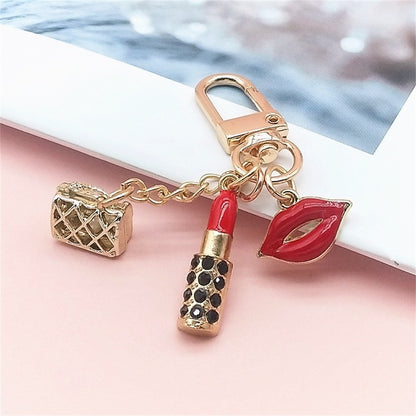 Red Lips Rhinestone Lipstick Handbag Shape Keychain Lip Alloy Keyring For Women