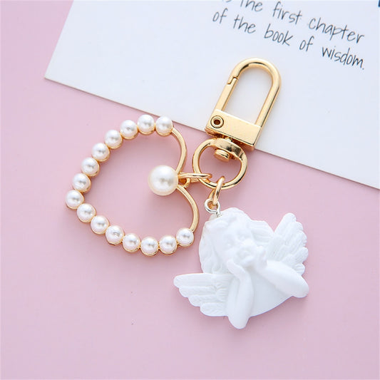 Pearl Heart Retro White Angel Keychain Charms Earphone Case Key Holder Girl Cute