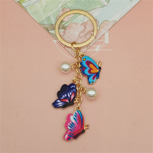 Simulation Blue And Pink Butterfly Pearl Key Chain Painted Butterfly Pendant