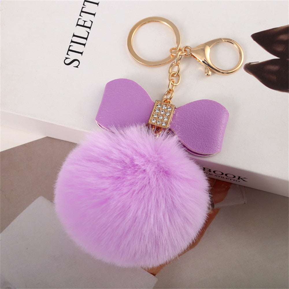 Violet Pompom Pendant Keychain Cute PU Bow Tie Keyring Plush Women Bags