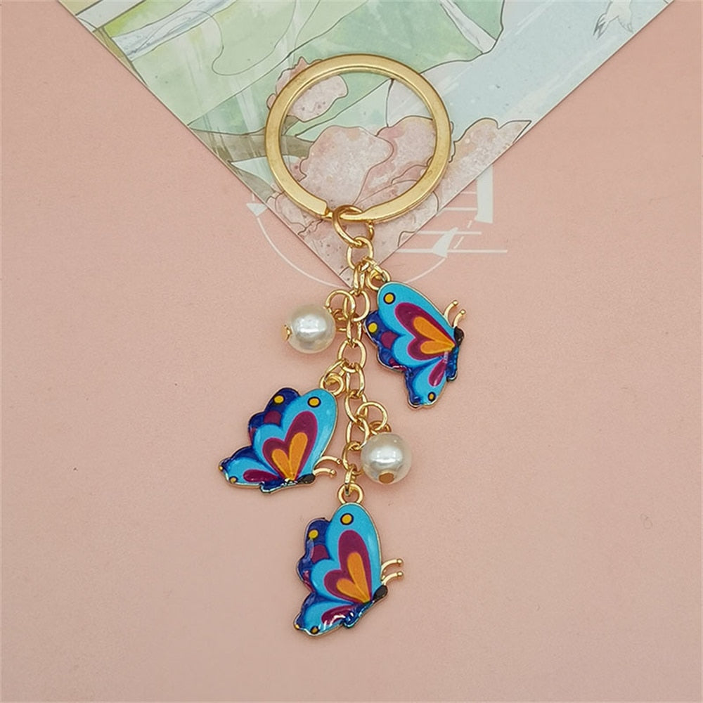 Colorful Simulation Blue Butterfly Pearl Key Chain Painted Butterfly Pendant