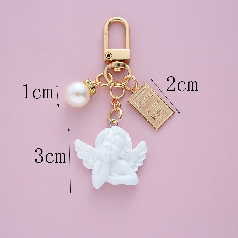 Retro White Angel Keychain Charms Earphone Case Key Holder Girl Cute Pearl Key