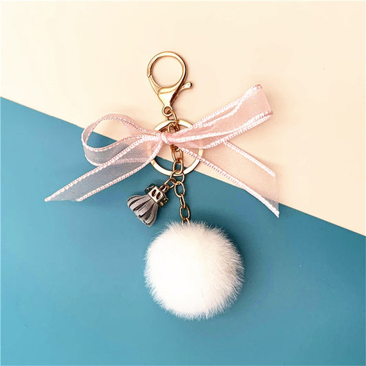 10 Styles Cute Lace Bow Keychain With Fur Ball Womens Bag Plush Pendant Fower