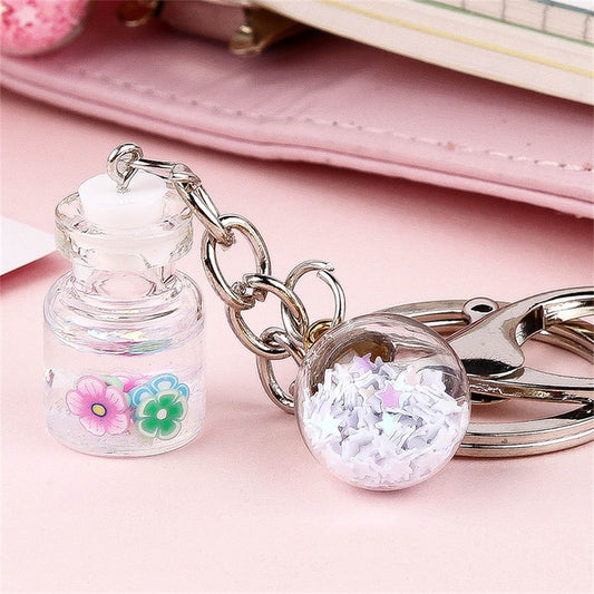 White Stars Glitter Flower Bottle Keychain Gift Cute Charms Keyring Souvenir