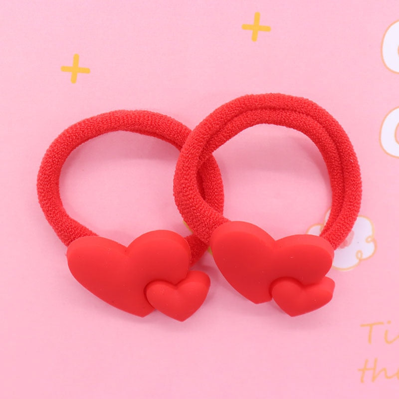 2Pcs Double Red Heart Kids Rubber Bands Ponytail Holder Headband Hair Rope Ties