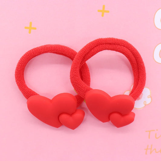 2Pcs Double Red Heart Kids Rubber Bands Ponytail Holder Headband Hair Rope Ties